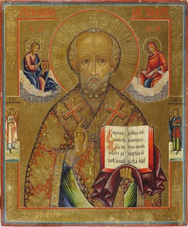 Icona dipinta su tavola raffigurante San Nicola. Russia, XIX secolo. cm. 46x38.