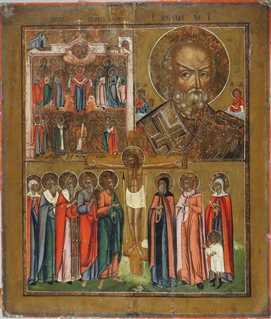 Icona dipinta su tavola raffigurante Crocifissione. Russia, XIX secolo. cm....