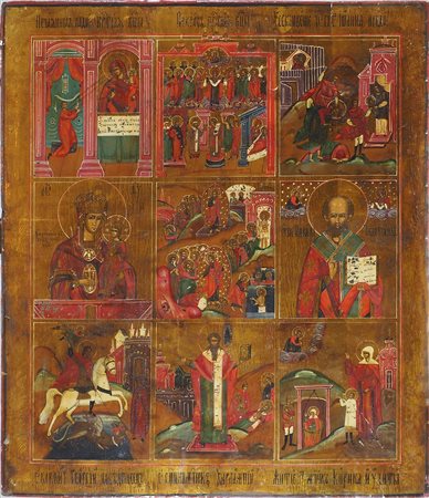 Icona dipinta su tavola raffigurante 9 parti con discesa e Resurrezione....