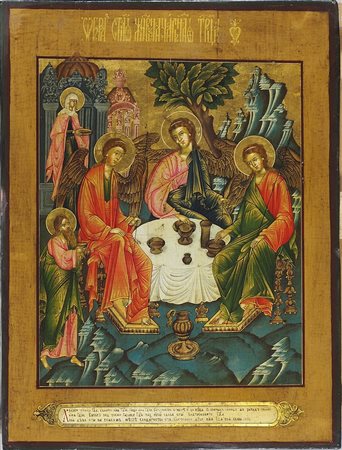 Icona dipinta su tavola raffigurante Trinita antico Testamento. Russia...