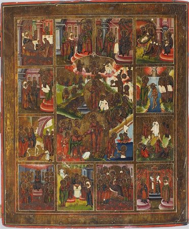 Icona dipinta su tavola raffigurante Rex e discesa con 12 feste. Russia, XIX...