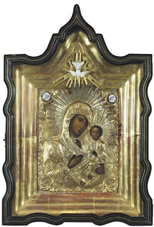 Icona dipinta su tavola raffigurante Madre di Dio di Smotlensk con riza in...