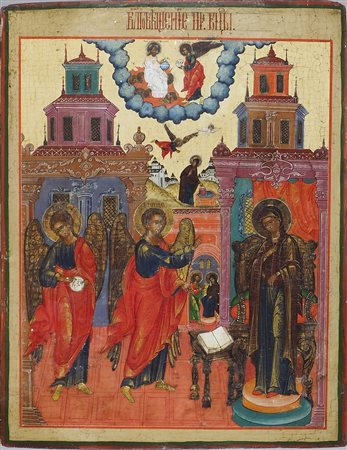 Icona dipinta su tavola raffigurante Annunciazione. Russia centrale, inizio...