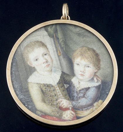 Miniatura rotonda dipinta su avorio raffigurante 2 bambini entro cornicetta...