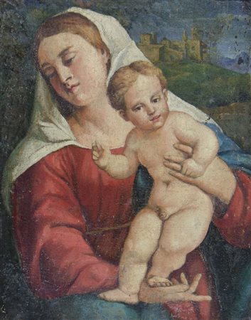 Pittore del '900 "Madonna con bambino" cm. 40x31 - olio su tela foderata...