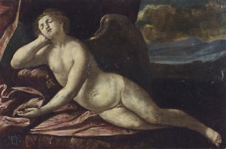 Maestro emiliano del XVII secolo "Cupido dormiente" cm. 20x30 - olio su rame