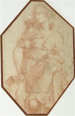 Maestro del XVII secolo "Figura allegorica" cm. 34x22 - sanguigna su carta Al...