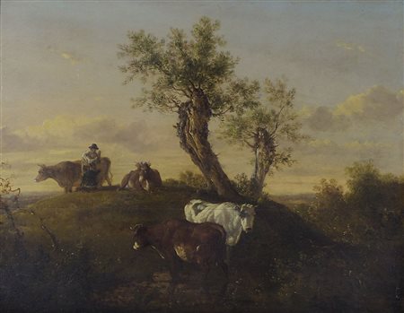 Maestro del XIX secolo "Riposo nella campagna" cm. 32x40 - olio su tavola