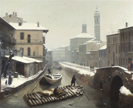 Angelo Inganni 1807-1880 "Nevicata ai Navigli" cm. 73x90 - olio su tela...