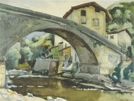 Giovanni Giordani 1884-1969 "Paesino con ponte" cm. 48x65 - acquerello su...