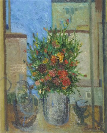 Edoardo Devetta Trieste 1912-1993 "Fiori sul davanzale" (1967) cm. 50x40 -...