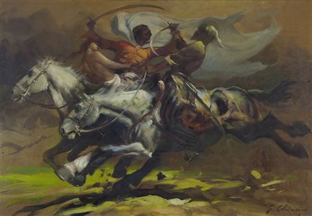 Giuseppe Chiacigh Wladikawkaz 1895-Trieste 1967 "Duello a cavallo" cm. 70x100...