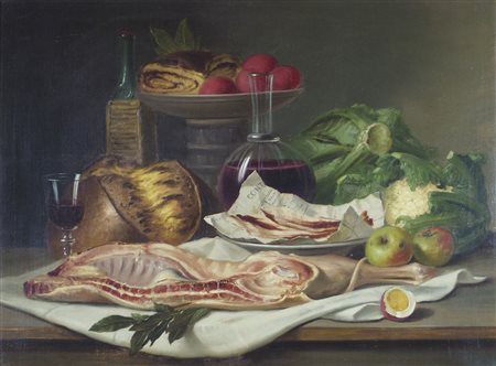 Francesco Malacrea Trieste 1813-1886 "Natura morta con carne e vino" cm....