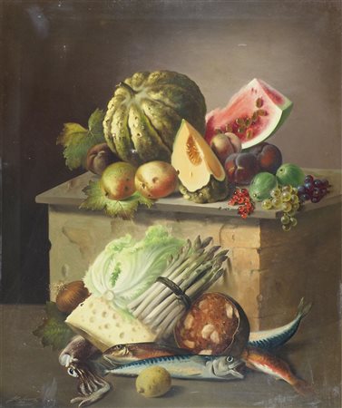 Francesco Malacrea Trieste 1813-1886 "Natura morta con frutta e pesci" cm....