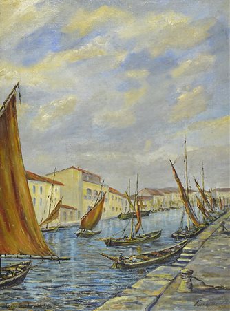 Pittore del '900 "Barche nel canale" cm. 60x45 - olio su compensato Firmato...