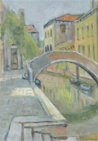 Pompeo Piovesan Meduna di Livenza 1908 "Ponte sul canale" cm. 34x24 - olio su...