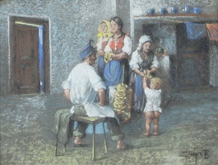 Pittore ungherese del '900 "Riunione di famiglia" cm. 23x30 - pastelli...