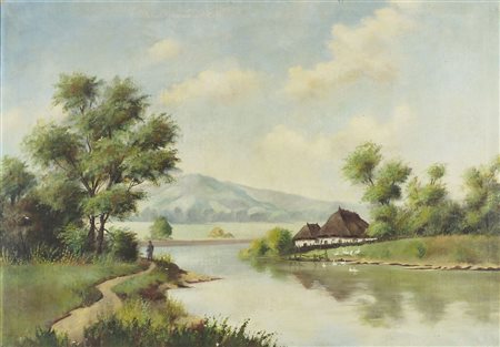 Pittore del '900 "Casette sul lago" cm. 70x100 - olio su tela