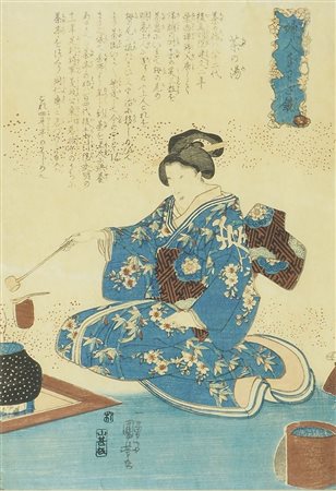 Stampa giapponese dipinta raffigurante geisha, cm. 36x25.