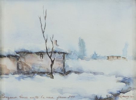 Aldo Tarozzi 1898-1972 "Panzano, casa sotto la neve" cm. 17x22 - acquerello...