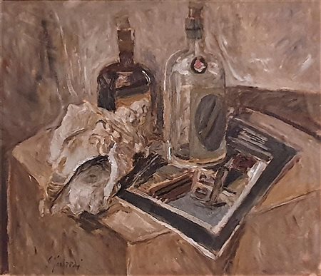 MANFREDI GIUSEPPE (1934 - 1987) Bottiglie e conchiglia, 1973 Olio su tela su...