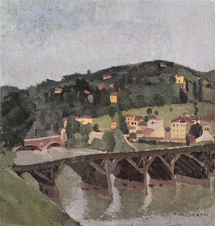 Felice Casorati PONTE (MONCALIERI) olio su cartone, cm 33x32 sul fronte:...