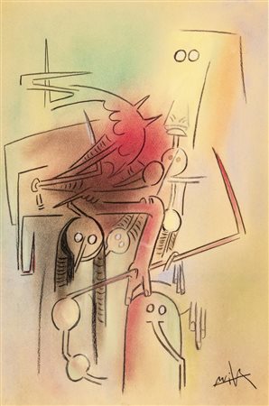 Wifredo Lam TOTEM pastello su cartoncino, cm 60x41 firmato sul retro: firmato...