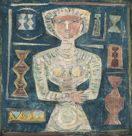 Massimo Campigli FIGURA CON FONDO BLU olio su tela, cm 87x84 firmato e datato...