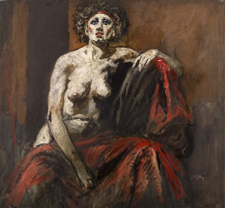 Alberto Sughi DONNA CON PANNO ROSSO olio su tela, cm 75x70 firmato L'opera è...