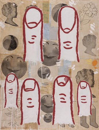 Donald Baecheler FINGERS # 3 gouache, gesso e collage su carta,130x100...