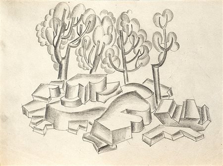 Fortunato Depero (Malosco 1892 - Rovereto 1960)"Piante e rupi" matita su...