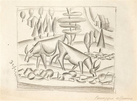 Fortunato Depero (Malosco 1892 - Rovereto 1960)"Paesaggio alpino" matita su...