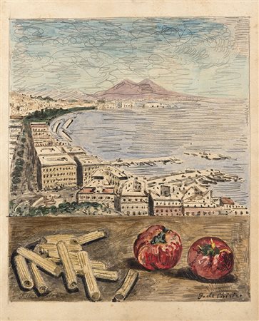 Giorgio de Chirico (Volos 1888 - Roma 1978)"Veduta di Napoli con maccheroni e...