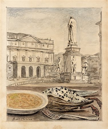 Giorgio de Chirico (Volos 1888 - Roma 1978)"Veduta di Milano con risotto e...