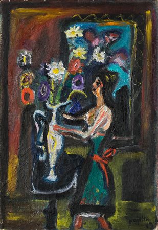 GUIDO PAJETTA (1898-1987)Donna che sistema i fiori, 1949Olio su telacm...