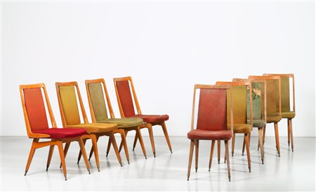 MANIFATTURA ITALIANA Nove sedie. Tessuto, legno e ottone. Cm 44,00 x 91,50 x...
