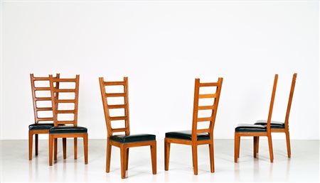 BUFFA PAOLO (1903 - 1970) Sei sedie . Legno e skai. Cm 49,50 x 116,00 x...