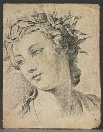 ARTISTA DEL XVIII SECOLO Volto femminile con corona d'alloro. Carboncino su...