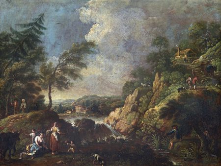 ZAIS GIUSEPPE (1709 - 1784) Attribuito a. Paesaggio fluviale con cascatella e...