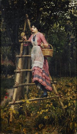 NANI NAPOLEONE (1841 - 1899) La raccolta delle mele. Olio su tela . Cm 49,00...