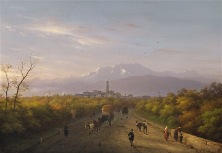 CANELLA GIUSEPPE (1788 - 1847) Paesaggio con il Monte Rosa. Olio su tela . Cm...