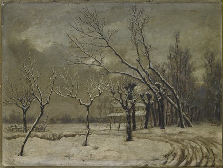 MERLO CAMILLO (1856 - 1931) Paesaggio invernale. . 1903. Olio su carta. Cm...