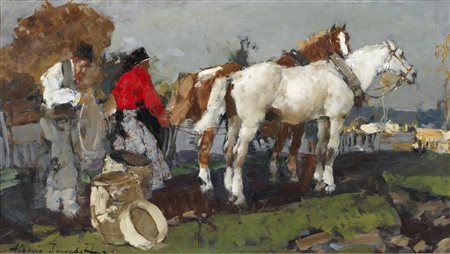 ISUPOFF ALESSIO (1889 - 1957) Paesaggio con cavalli e contadini. Olio su...