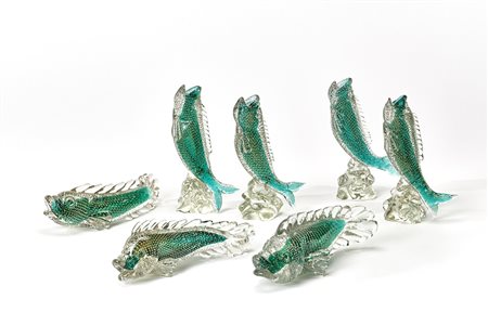 Seguso Vetri d'Arte Gruppo di sette pesci in vetro sommerso cristallo e verde...