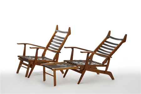 Coppia di chaise longue pieghevoli in legno di frassino massello con seduta e...