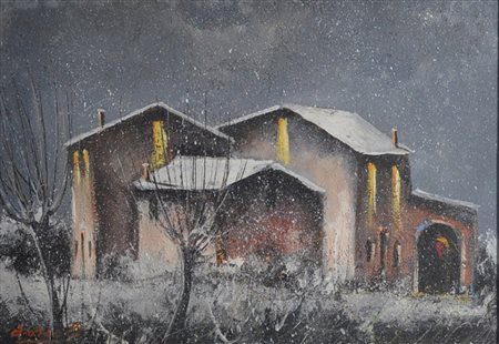 BOSCOLO Nevicata notturna Tecnica mista su masonite Anni 80 Dim. 30x40...