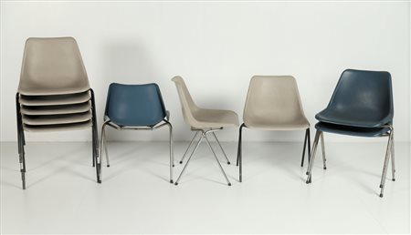 ROBIN DAY (1915 - 2010) Dieci sedie. Metallo cromato, ABS. Cm 50,00 x 73,00 x...