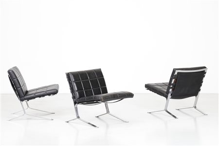 OLIVIER MOURGUE (n. 1939) Tre sedie. Metallo cromato, pelle. Cm 60,00 x 70,00...