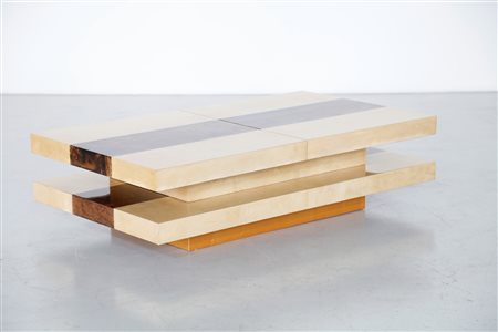 TURA ALDO Tavolino. Legno, vetro e pergamena. Cm 140,00 x 42,00 x 80,00....