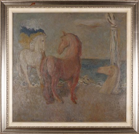 MANFREDI GIUSEPPE (1934 - 1987) Scena di cavalli in riva al mare. 1982. Olio...